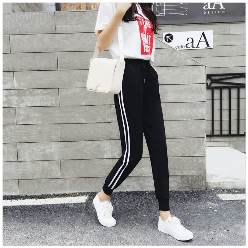 

Long Leisure Pants Women Bottoms Autumn Spring Female Clothes Double Striped Jogger Haren Pants Sweatpants Sportswear Trousers 201113, Black
