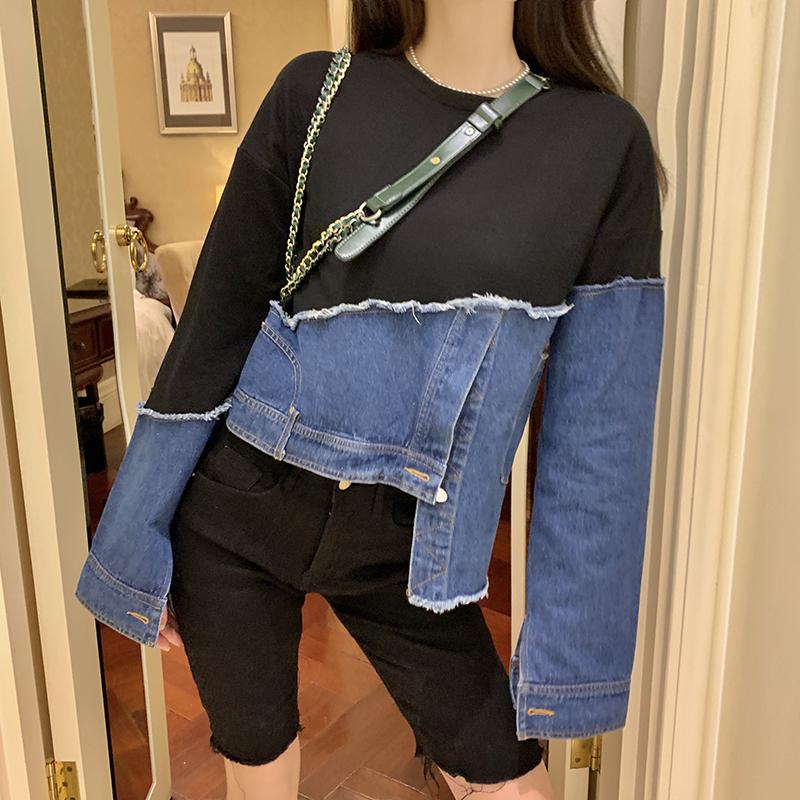 

Japanese Streetwear Full Sleeve Sweatshirt for Women Designer Jean Patchwork Harajuku Casual Pullover for Teen Girl Hiphop XC041, Black blue
