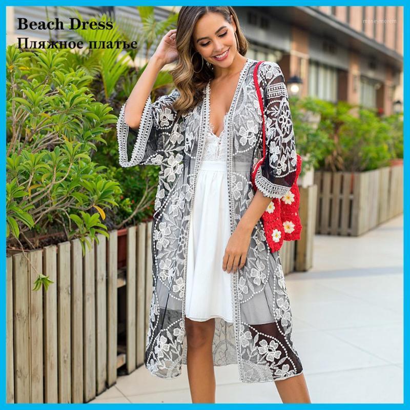 

Sexy Pareo For The Beach Cover Black Ceach Wear Lace Embroidery Beach Tunic Women's Swimwear Dress Outing Swimsuit 20201