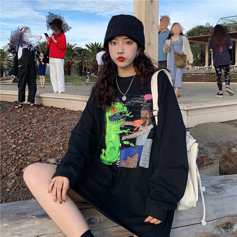 

2021 New female fall released from printed cartoons solid t-shirts with Korean casual sleeve minimalist style harajuku tops 4QXI, White