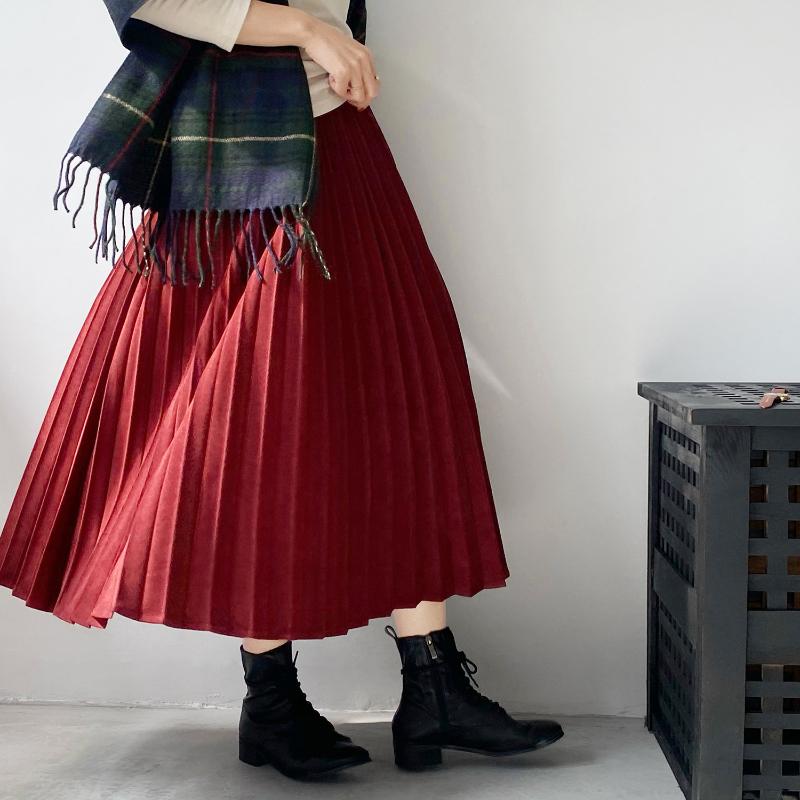 

Yeeloca Winter Elastic Pleated Skirt Female Casual Solid Mid-length High Waist Saias Korean Slim A-line Pleated Skirt, Black