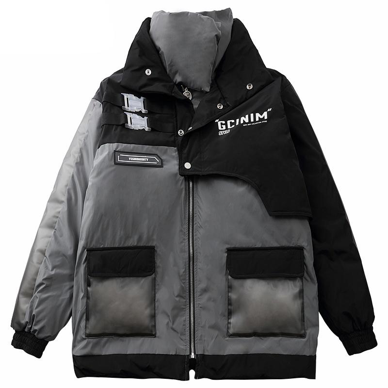 

Men Hip Hop Thick Padded Jackets Patch Pockets Buckle Ribbon Windbreaker Streetwear Harajuku 2020 Winter Outwear Parka Coats, Dark grey