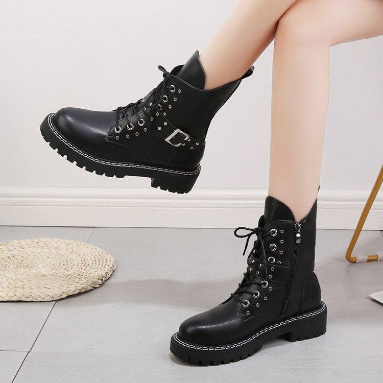 

Leather Women's Ankle Boots For Women Rivet Short Plush Motorcycle Winter Warm Solid Woman Shoes Sports Footwear, Black