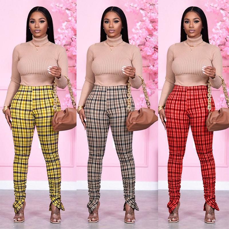 

ZKYZWX Sexy Plaid Print Stacked Leggings Fashion Clothing for Women Streetwear Fall Winter Bodycon Sweatpants Grey Club Pants, Gray