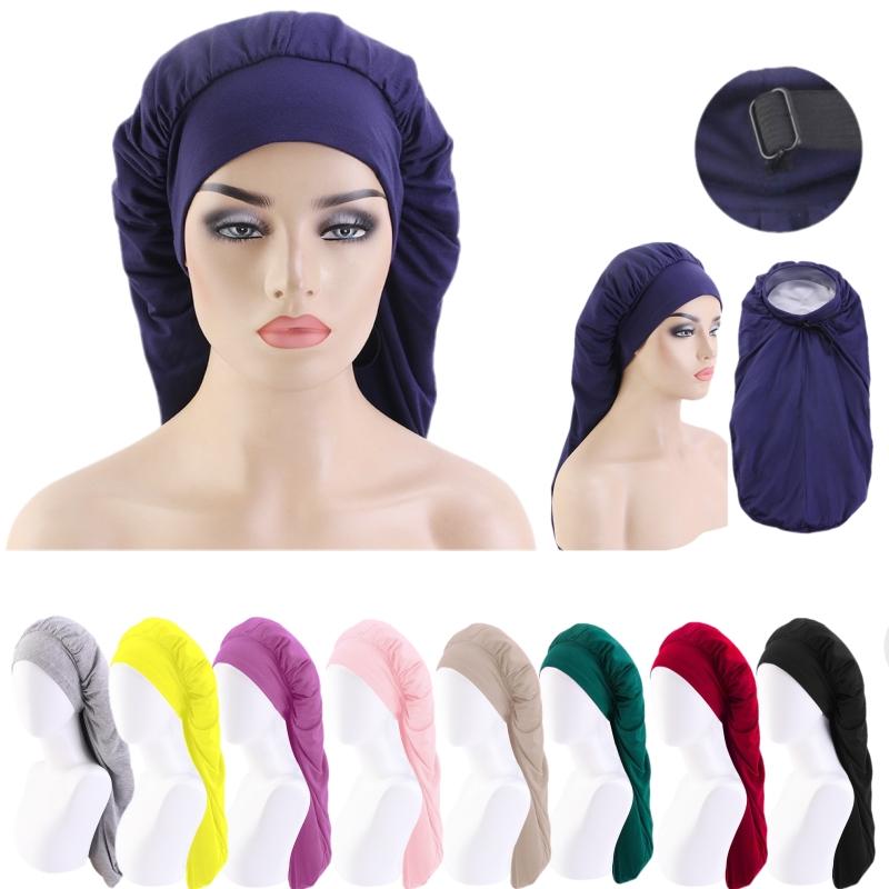

Casual Muslim Ladies Headwear Pure Color Double Layer Long Caps Soft Adjustable Nightcap Hairdressing Hats Long Tail Caps, Yellow