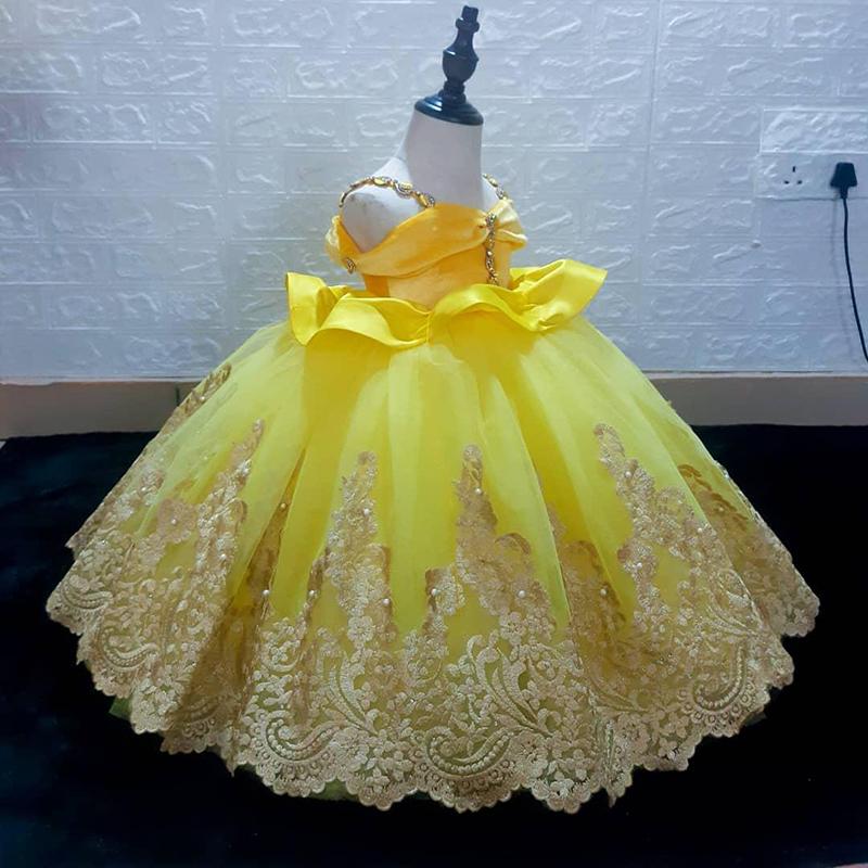 

Yellow Lace Flower Girl Dresses Princess Ball Gown First Communion Dress Spaghetti Straps Off the Shoulder Pageant Gowns, Pink