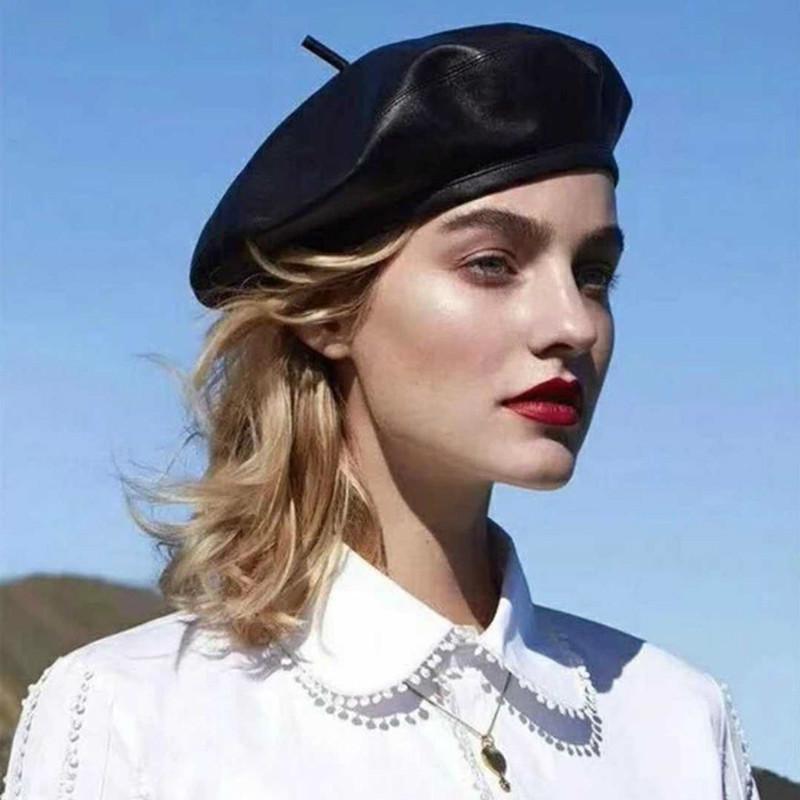 

PU Beret Fashion Girl Casual Black PU Leather Beret French Artist Warm Hat Women Autumn and Winter Retro Beanie, Brown