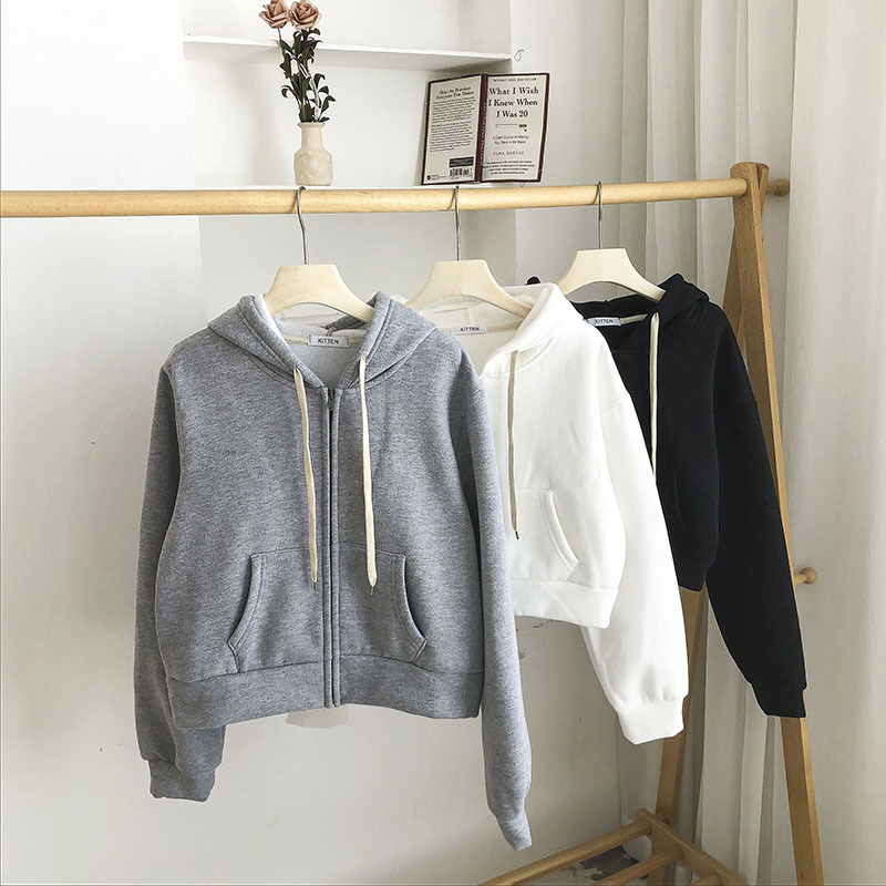 

2021 New 2021 spring new Korean casual short jacket hooded thick sweater women 0C95, White