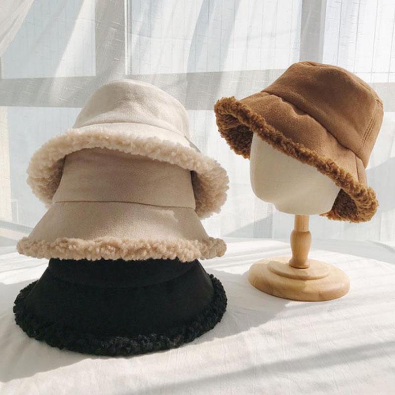 

Doitbest Women Suede Bucket hat Korean solid fishing Hats Female warm winter Couples lady girls fisherman hat, White