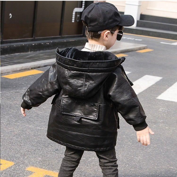 

202 New Winter Boys Coat Plus Velvet Warm Thick Pu Leather Jackets Hooded Outerwear Kids Clothes Jacket Children Clothing D4471, Black