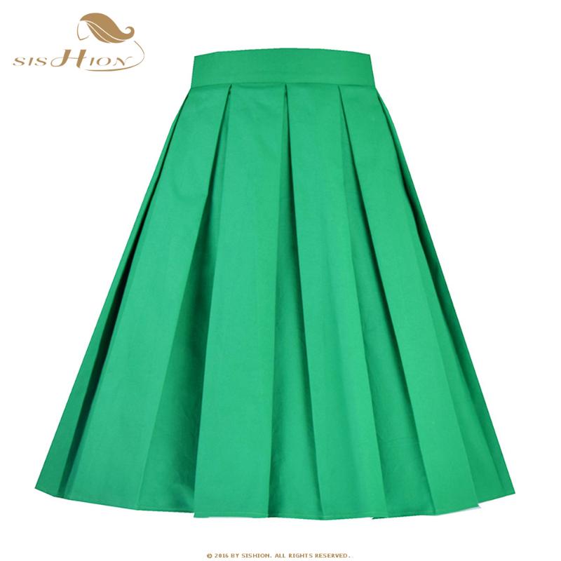 

SISHION Sandy Color Solid Black Red Blue Yellow Women Skirt SS0012 Plus Size Cotton Vintage Pleated Midi Skirts with Pockets