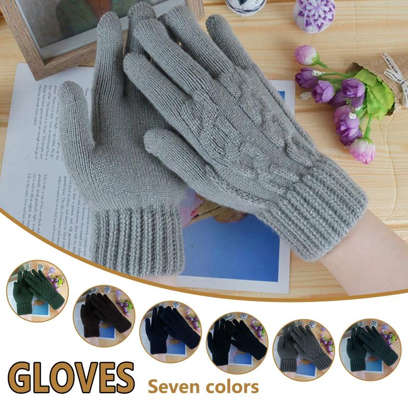 

Men's Autumn Winter Keep Thicken Warm Cashmere Solid Color Printed Knitted Mittens Female Woolen Knitted Full Finger Gloves