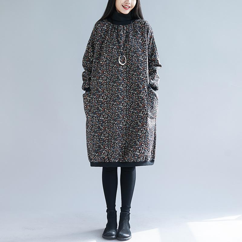 

Autumn Winter Women Cotton Linen Dress Original Vintage Turtle-neck Long Sleeve Loose Casual Women Dress YoYiKamomo, Black