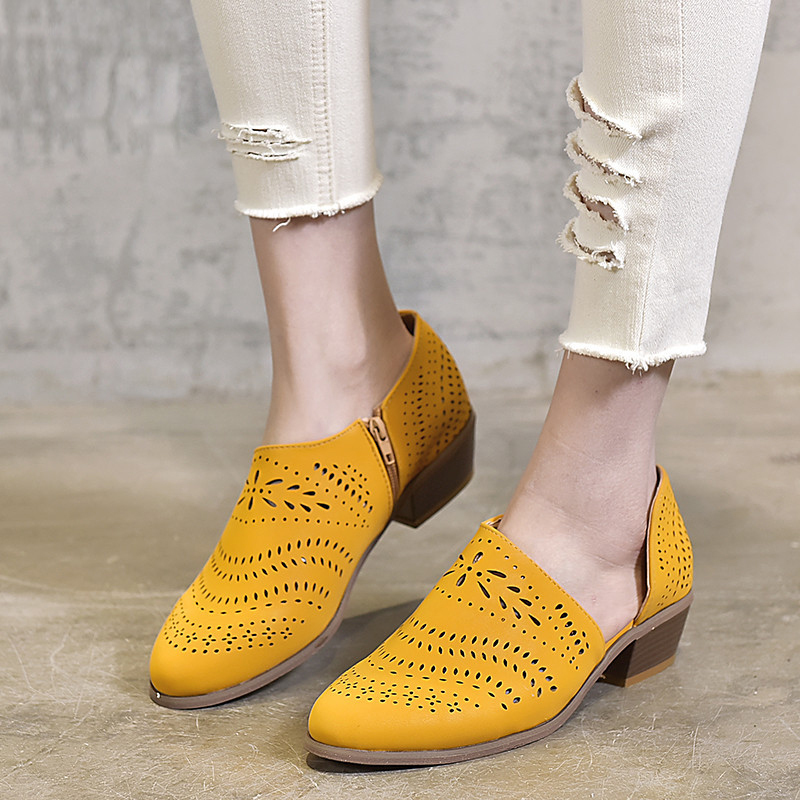 

Spring Autumn Leather Pumps Women Med Chunky Block Heel Shoes Slip on Pointed Toe Casual Plus Size Lady Female Shoes 34-43, Yellow