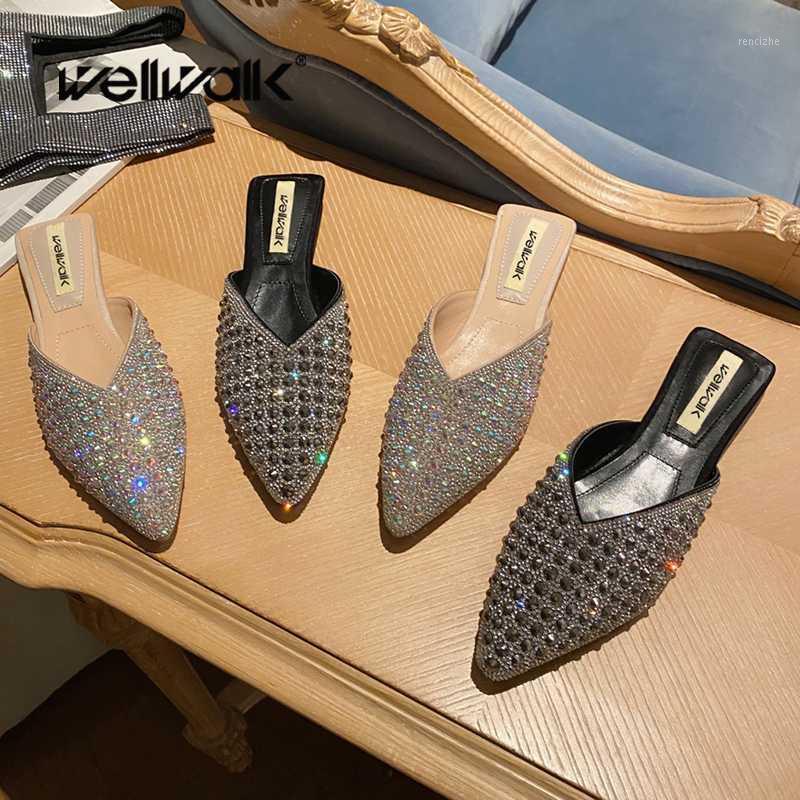 

Bling Mules Shoes Women Flat Slippers Pointed Toe Female Rhinestone Loafers Open Back Ladies Fashion Summer Slides Slip On Shoe1, Black