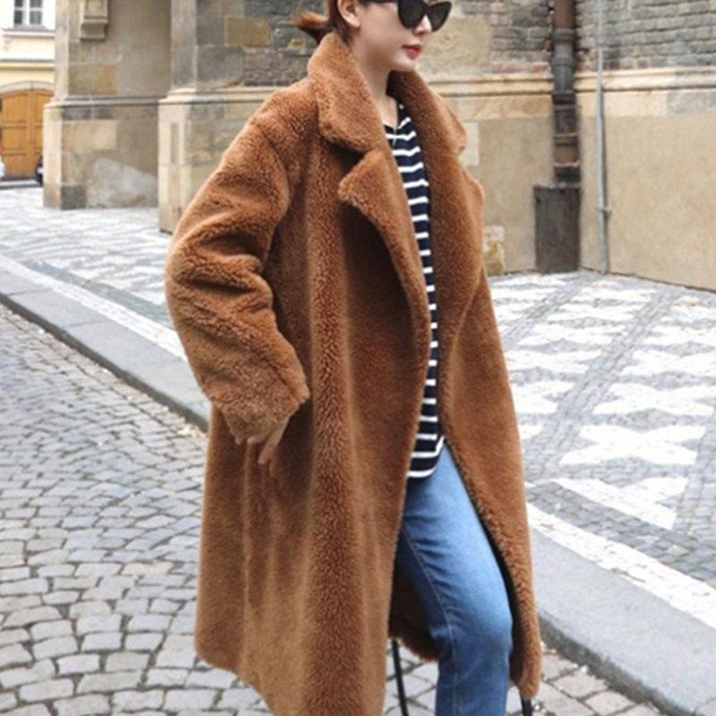 

2020 Winter New Faux Fur Women Coat Fashion Long Lamb Wool Jacket Lamb Wool Loose Warm Outwear Female Solid Color Parka BC131, Red