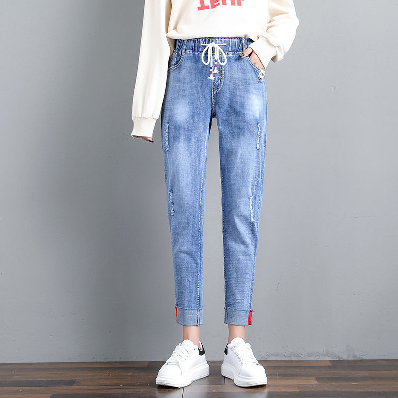 

Blue stretch-waist elastic cord slash denim harem female pants load loose leg straight jeans plus size streetwear, Dark blue