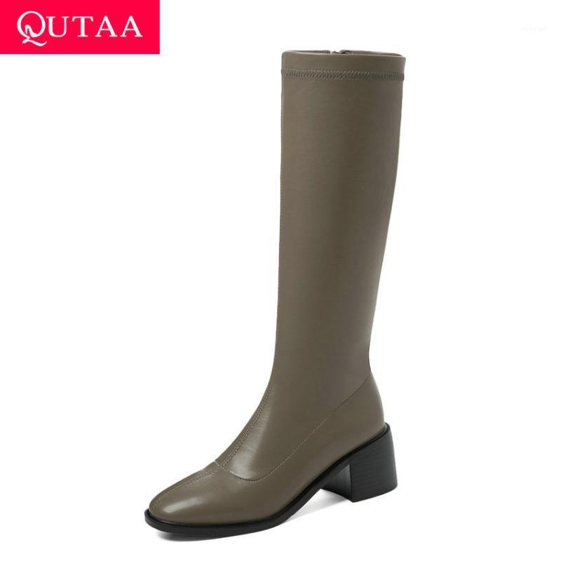 

QUTAA 2021 Flock PU Leather Knee High Boots Keep Warm Zipper Women Shoes Size1, Mokase