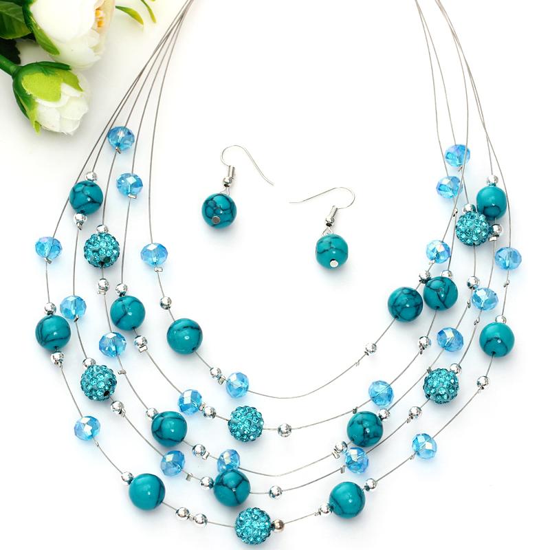 

Earrings & Necklace Summer Women Wedding Jewelry Sets Shambhala Beads Natural Stone Silver Multilayer Chain Pendant Choker Boho Set, As pic