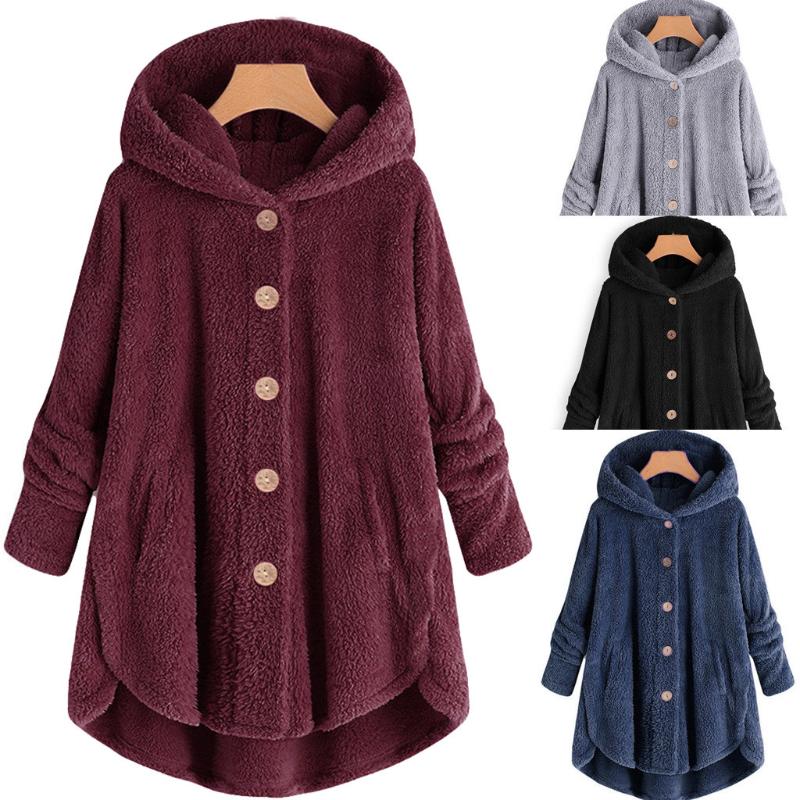

6 Colors Women' Coats Stylish Female Long Sleeve Jackets Plush Tops Hooded Loose Cardigan Wool Coat Winter Jacket Plus Size, Gray