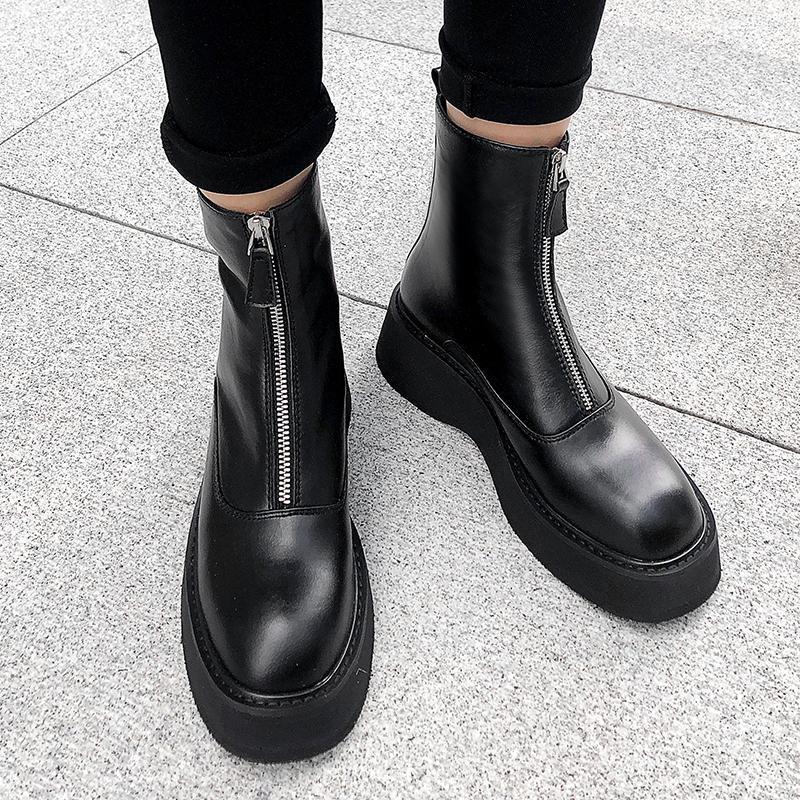 

Motorcycle boots women's ankle boots cow leather thick bottom rock Zipper round toe high heels ankle1, Black