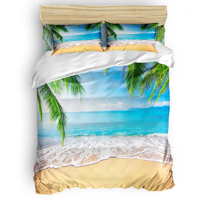 

Sand Beach Waves Palm Trees Duvet Cover Set Warm and Comfortable Bed Sheet Bedroom Comforter Set 2/3/4pcs Bedding1, As pic