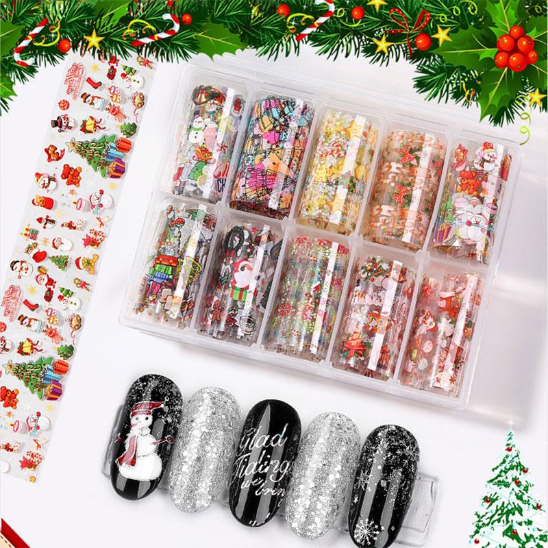 

10pcs Christmas Nail Art Decorations For Nails Mix Colorful Transfer Nail Foil Sticker Snow Flower Elk Gift Santa Adhesive Paper