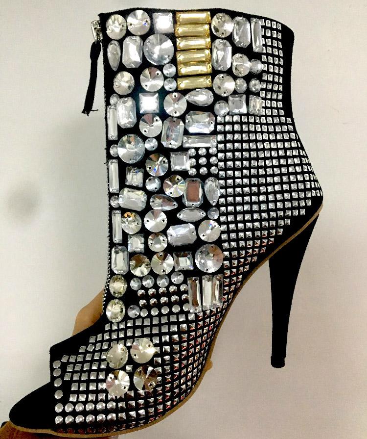 

New Open Toe Bling Rhinestones Spike High Heels Ankle Boots Real Pictures Zipper-up Short Glitter Crystal Gladiator Boots, As picture1