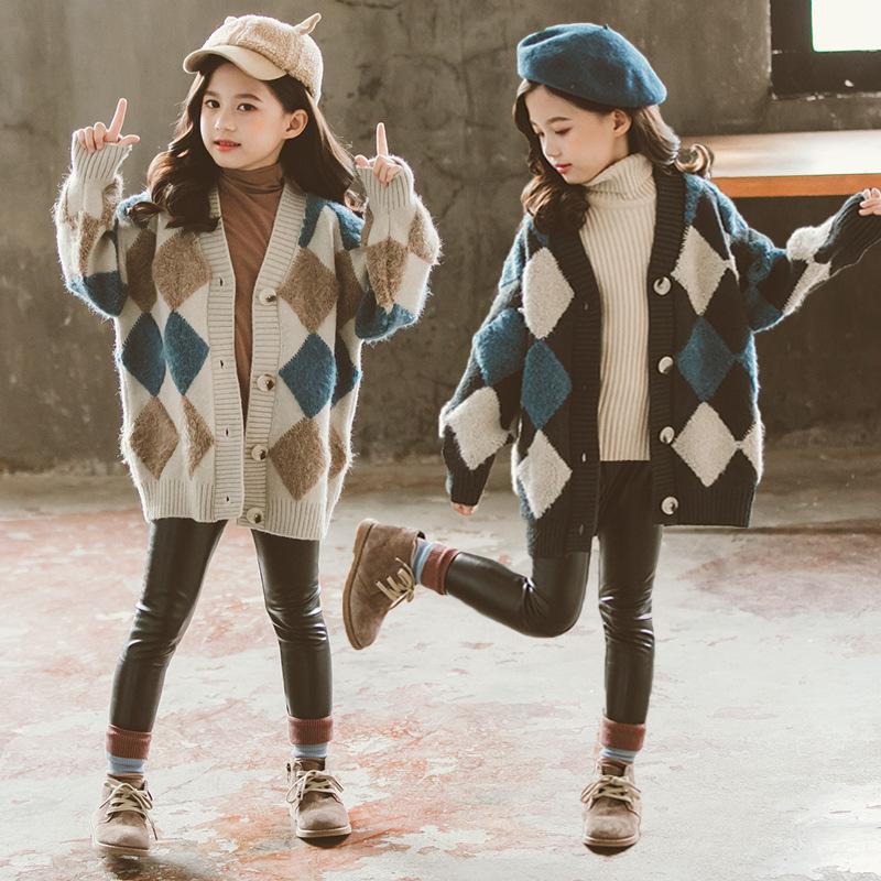 

Children'S Girls Sweaters 2021 Autumn And Winter New Korean Plaid Knitted Cardigan Big Kids European and American Diamond Jacket, Mx638 beige