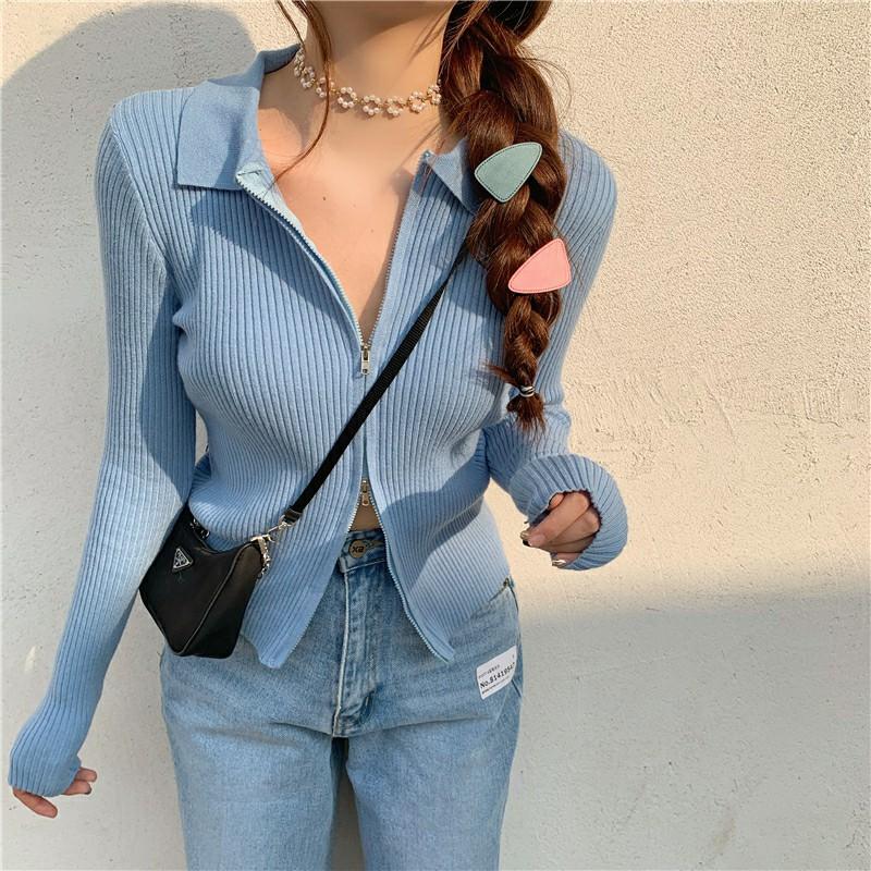 

Sexy lapel knitted sweater Women zipper Cardigan Female Top clothes autumn 2020 casual shirts Tops Woman Short Coats Blue Ladies, Black