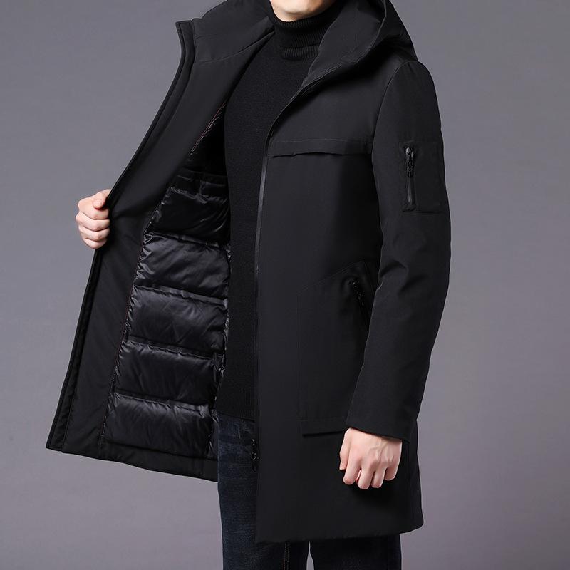 

Winter 2020 new young and middle-aged men's down jacket medium length casual hooded white duck down loose and thick coat, Black