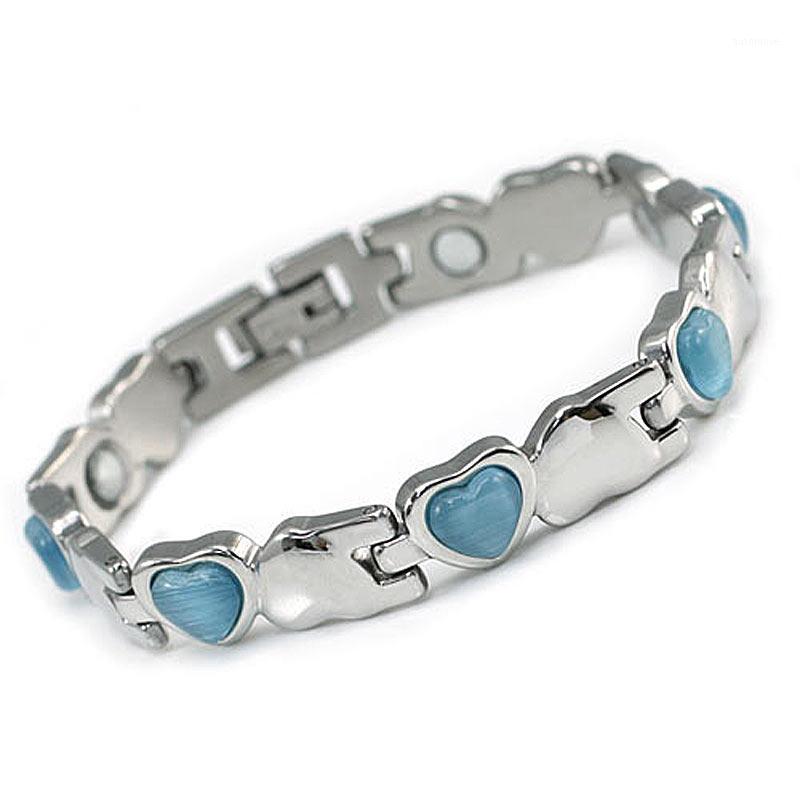 

Women Stainless Steel Magnetic Health Blue, Pink, White Heart Simulated Cat Eye Stone Bracelet CSB1521