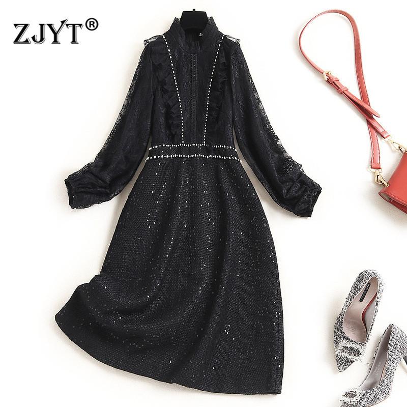 

2020 New Autumn Winter Clothes for Women High Quality Runway Fashion Long Sleeve Beading Lace Patchwork Party Tweed Woolen Dress, Black