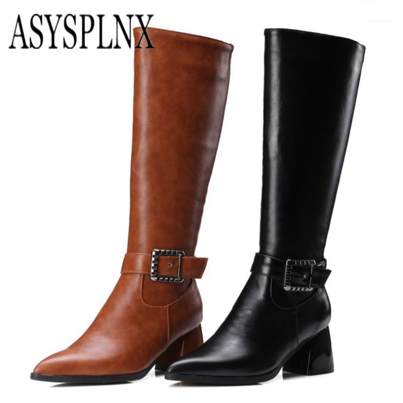 

ASYSPLNX 2018 new style Winter Fashion Riding Knee-High boots for women pointed toe metal buckle Zipper elegant Women's Shoes1, Black