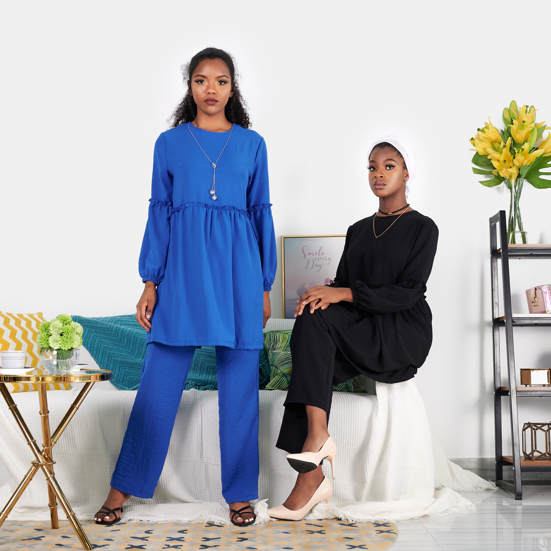 

2 joint pieces of simple Muslim women's clothing kaftan grotesque Islamic clothes maten dames kleding set femme mussulmane f2033, The black scarf