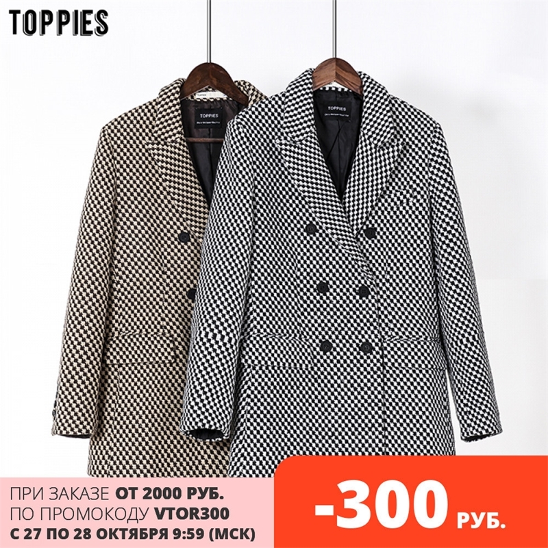 toppies vintage Houndstooth woolen Jacket double breasted long coat women outwear winter clothes 201030