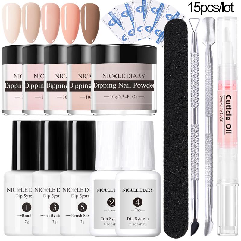 

NICOLE DIARY 15pcs/Set Dipping Nail Powder Nude Series Dip Nail Glitter Polish Chrome Kit Without Lamp Cure Decor Dust Pigment