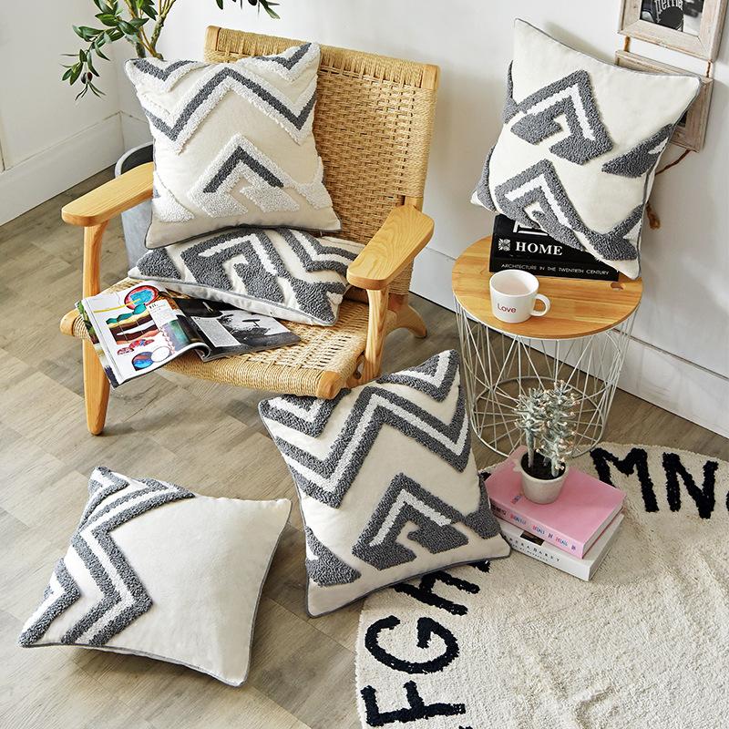 

Grey cushion cover 30x50cm/45x45cm Pillow Cover Cotton Embroidery Morroccan Style Zigzag for Home decoratio Living room Bed Room