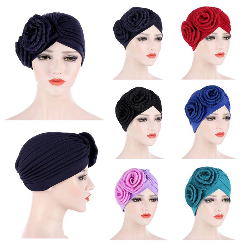 

Big Flower Muslim Women Hair Loss Hat Head Scarf Turban Cap Cancer Chemo Hat Cover Head Wrap Islamic Bonnet Pleated Beanies Caps, 01 black