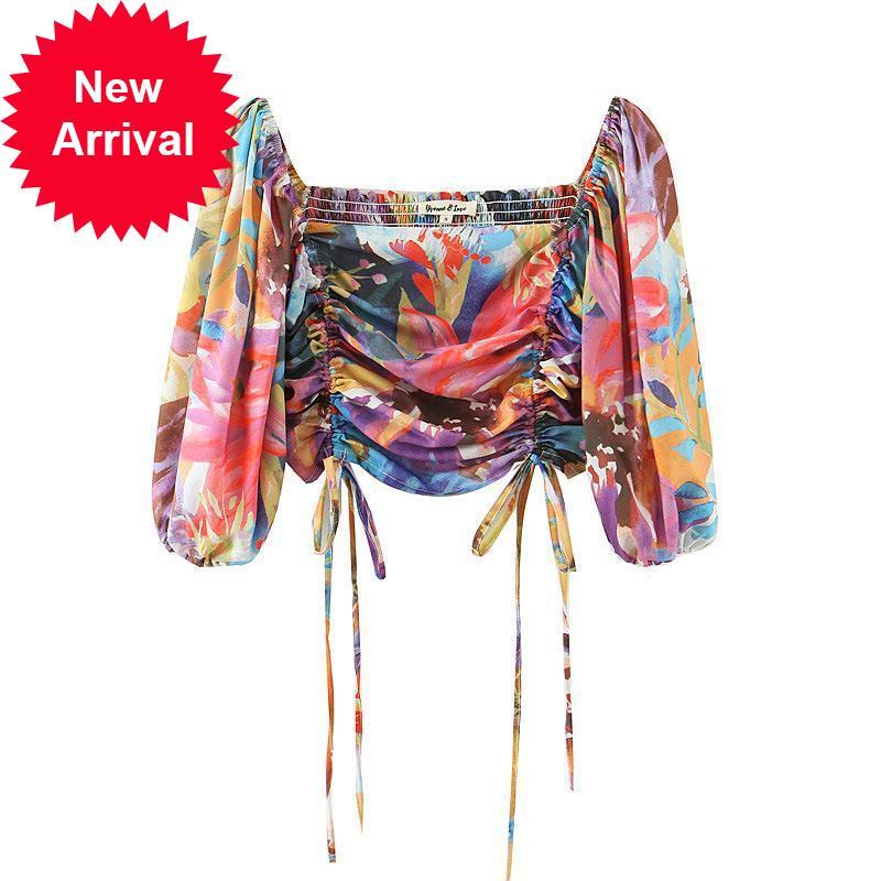 

2021 New Fashion Runway Clothes Summer Casual Female Vintage Oil Paint Printed Lantern Cord Upper Sleeve Shirt 0nqa, Beige