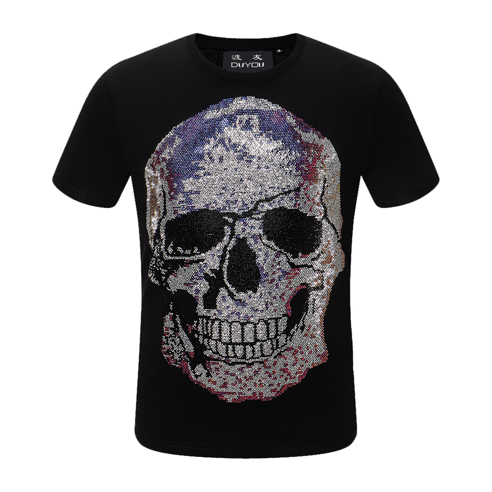 

Mens Designer Shirt Men's Summer Tshirt 100% Cotton Breathable Top Tees Fashion Colorful Rhinestone Big Skull Printed 66 Y1lv, Black