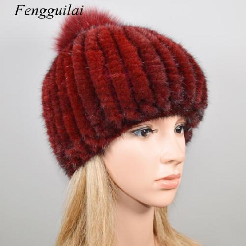 

2020 New Lovely Real Hat Women Winter Knitted Real Beanies Hats Fur Pom Poms Thick Warm Cap, White