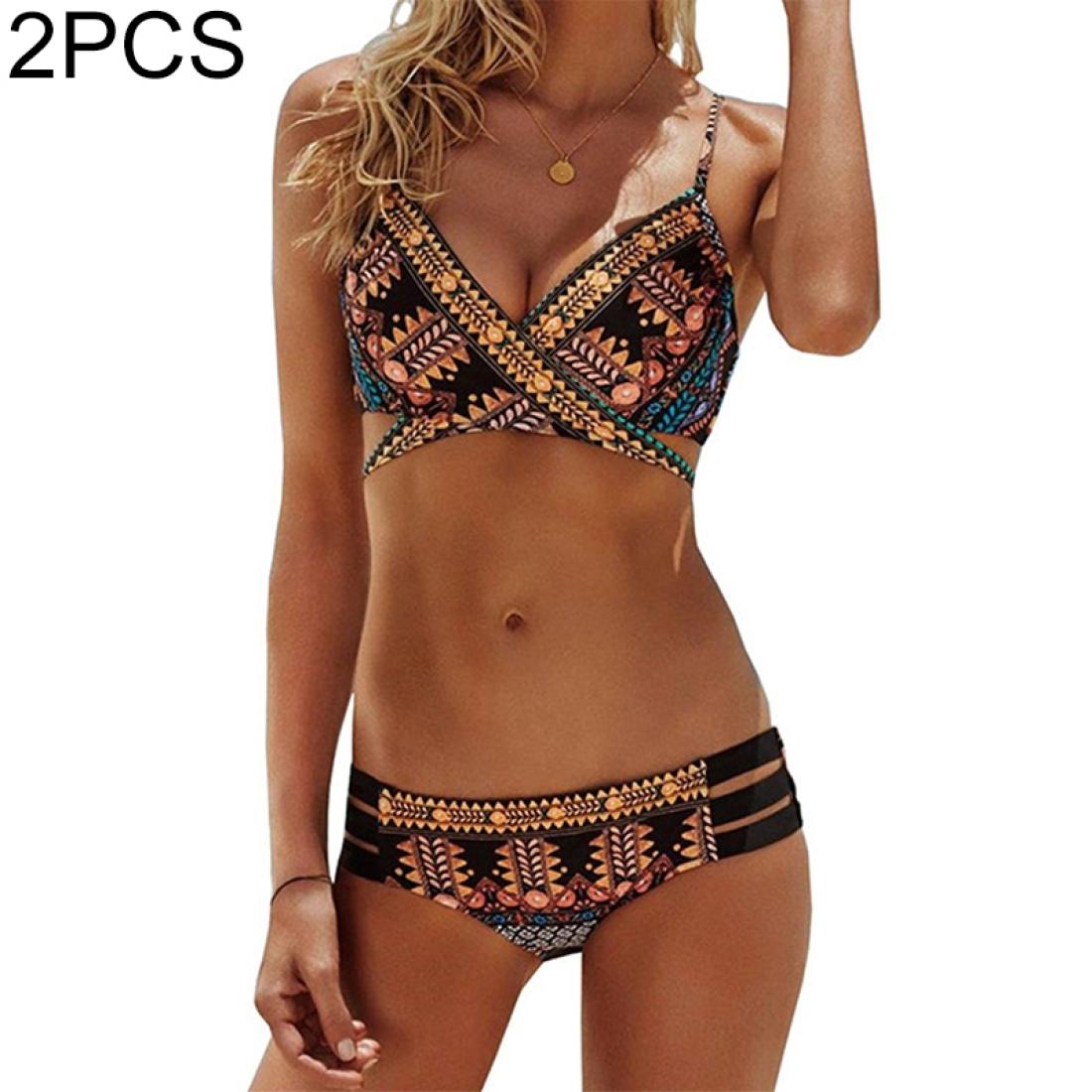 

2 PCS Chest Cross Straps Ethnic Style Print Sexy Split Bikini for Women SizeXL