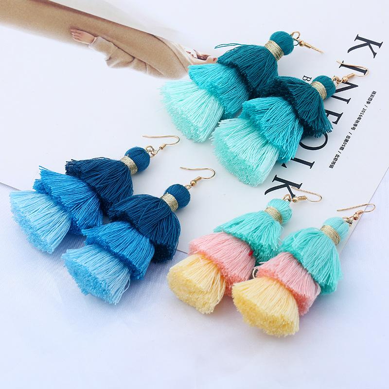 

2021 ZAOLAIXI Bohemian Ethnic Neon Tiered Long Tassel Earrings Women 3 Layered Fringe Earrings Ombre Stacked Dangle