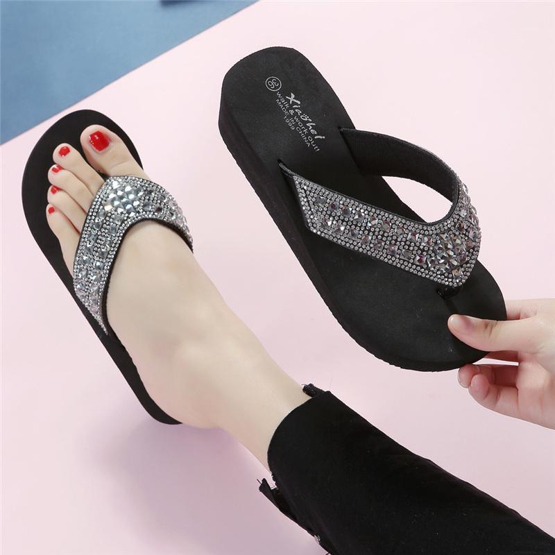 

Women Shoes Flip Flops Summer Slippers Fashion Rhinestones Wedges Flip Flops Women's Casual Beach Shoes Moda Feminina Kapcie1, Beige