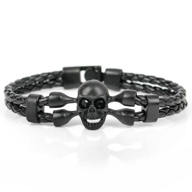 

Skull shape single circle double layer men's leather bracelet European and American fashion braided leather 6-color bracelet1