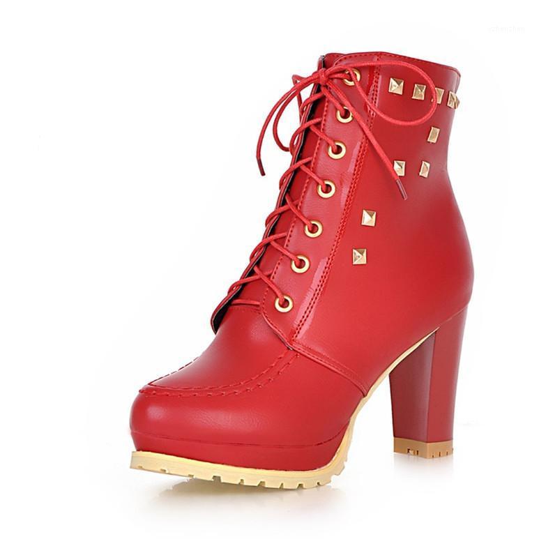 

Boots Big Size 34-43 Black White Beige Red Lace-Up PU Leather Ankle Round Toe For Women Fashion1