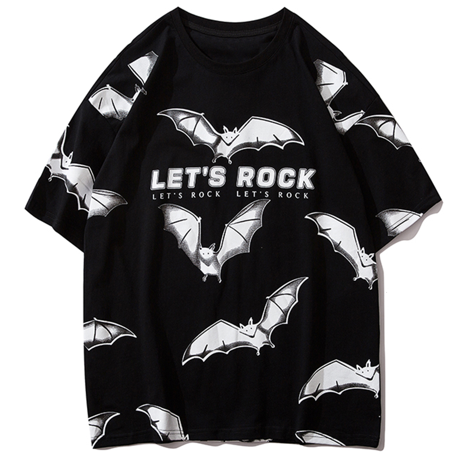 

New Bat Print Loose Men's Fashion Hip Hop Harajuku Short Sleeve Top 2021 Cotton T-shirt 2ot3, Black