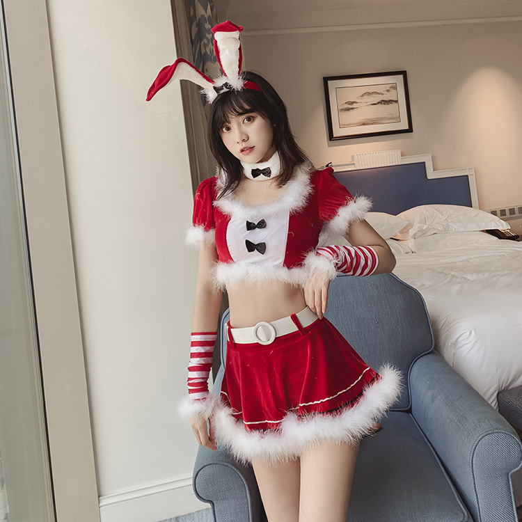 

Christmas Bunny cosplay uniform velvet vet rabbit ears 7 buns party girl roleplay clubwear sexy costume, Red.