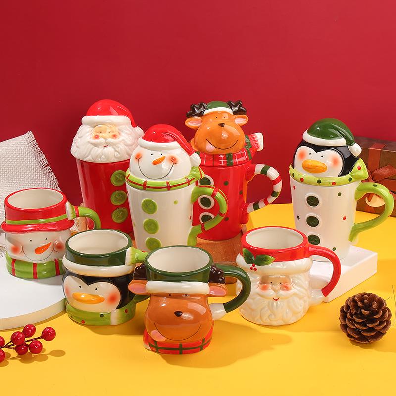 

3d Creative Christmas Avatar Cartoon Cup Cute Ceramic Christmas Water Cup With Lid Milk Coffee Household Water, B-2